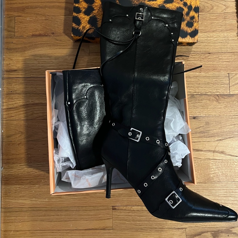 Lulu's Black Pointed-Toe Stiletto Heeled Boots with Buckle Detail